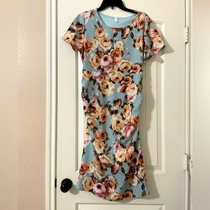 Pinkblush Blue Floral Midi Dress with Pink and Tan Roses
